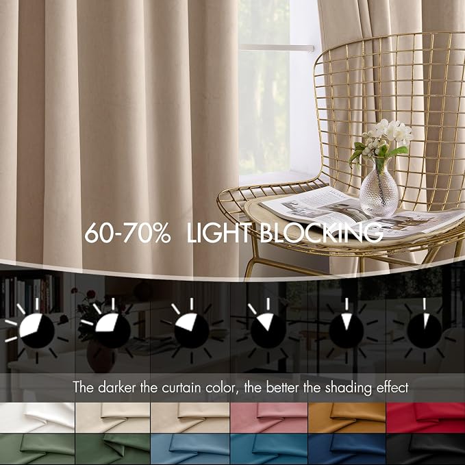 MIULEE Velvet Curtains 50W x 84L 2 Panels Camel Beige Blackout Curtains | Luxury velvet fabric, pinch pleat design, back tab hooks, thermal insulated, blackout light blocking, for living room bedroom