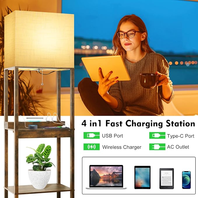 RUNTOP Floor Lamp with Shelves, Plus Shelf Lamp with Wireless Charger, 2 USB Port and Outlet, 1 Drawer, 15W LED Bulb, 3 Colors, Memory Function, Floor Lamps for Living Room, Standing Lamp for Bedroom