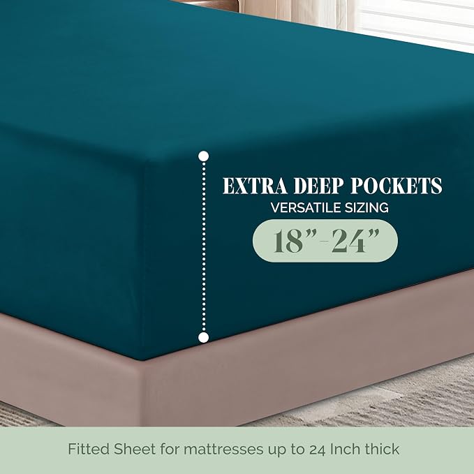 Elegant Comfort Luxurious 1500 Premium Hotel Quality Microfiber 4-Piece Sheet Set, 18-24 Inches Deep - Extra Deep Pocket Sheets - Ultra Soft 4PC Deep Pocket Sheets, King, Marine Teal