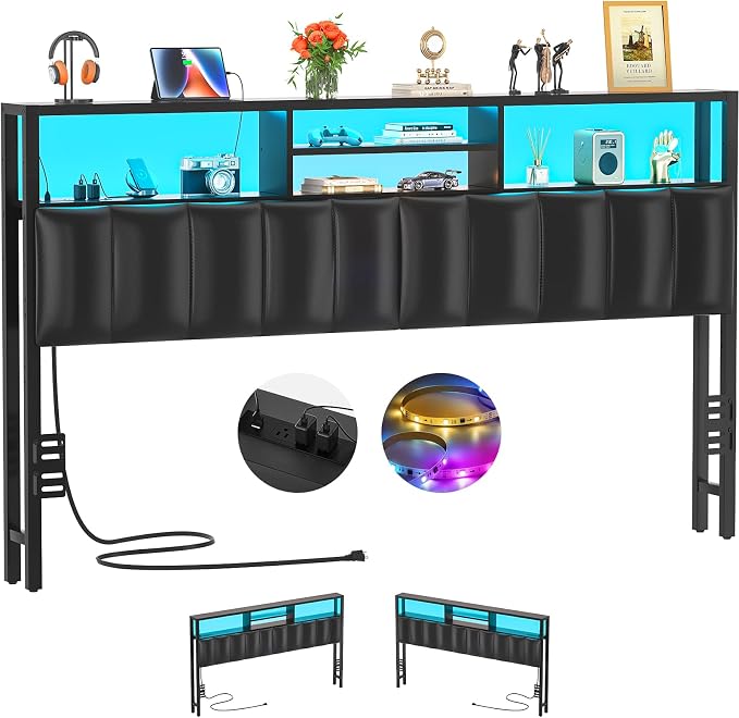 Aheaplus Headboard for King Size Bed with Storage, Upholstered Headboards | with Outlets, USB Ports and LED Light, Reversible King Size Head Board, Height Adjustable, Comfortable Headboard, Black