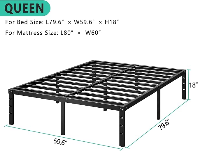 HLIPHA Metal Platform Bed Frame 18 Inch Tall,No Box Spring Needed,Queen Size Bed with Heavy Duty Strong Support Slats,Easy to Assemble,Black