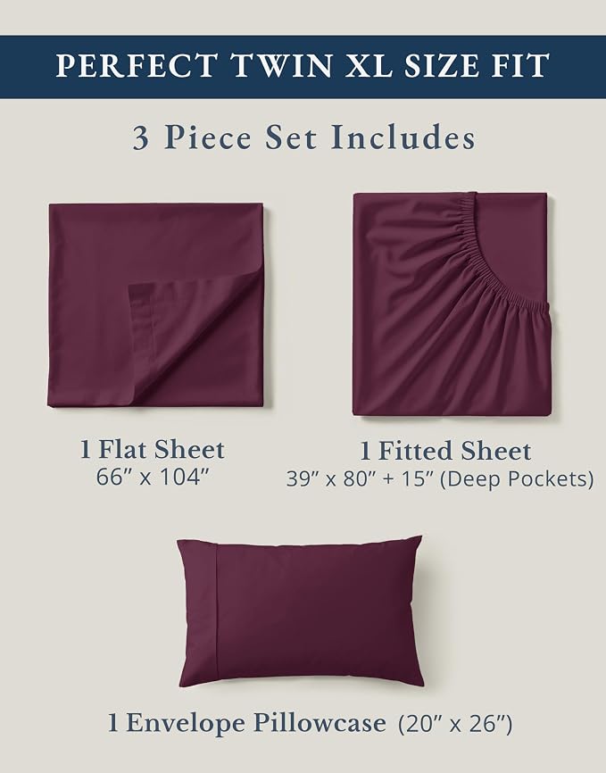 LANE LINEN Twin XL Sheets 100% Organic Cotton Cooling Soft - Windsor Wine | Twin XL Sheet Set, Organic Cotton Percale - Best-Value Organic Cotton, Affordable Organic Luxury, Crisp, Cool & Breathable