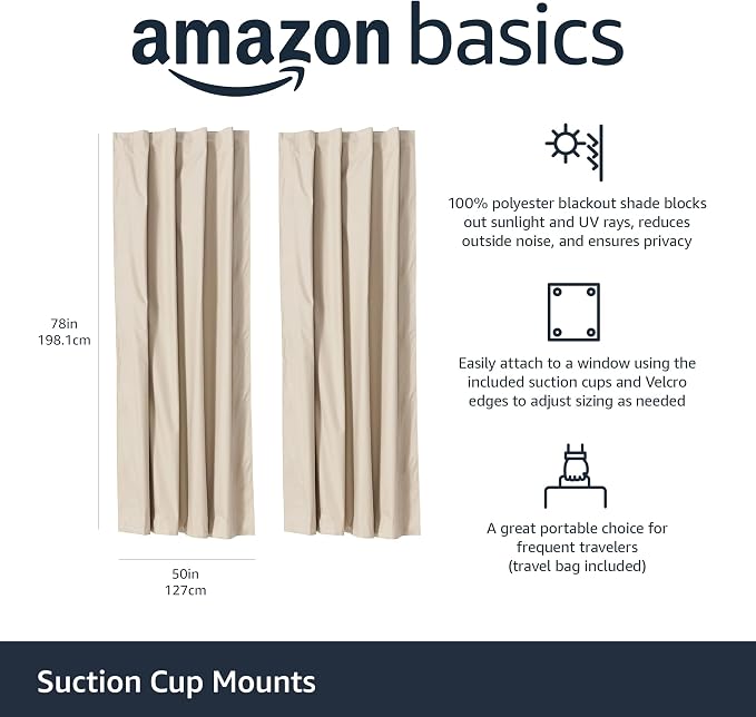 Amazon Basics Portable Blackout Curtain Shade with Suction Cups, Energy Saving, 50"W x 78"L, Beige, 2-Pack
