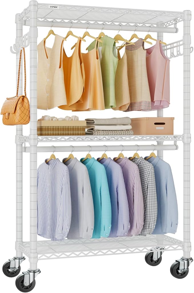 VIPEK R2 Medium Clothes rack for Hanging Clothes Rolling Closet System | Lockable Silent Wheels, Double Hanging Rods, Adjustable Wire Shelving/Side Hooks, Space-Saving for Small Space, 500lbs, White
