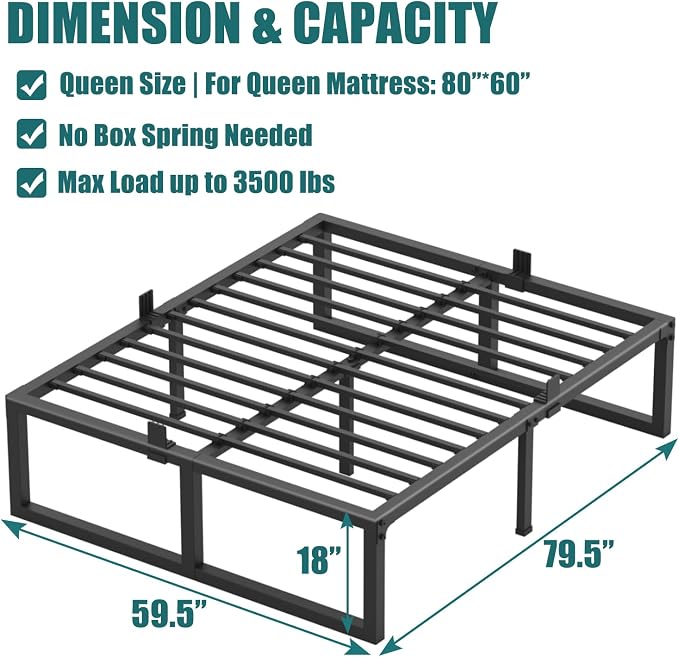 Yitong Angel 18 Inch Queen Bed Frame,3500 lbs Heavy Duty Metal Platform, Steel Slats Support/No Box Spring Needed/Noise Free/Non-Slip/Easy Assembly