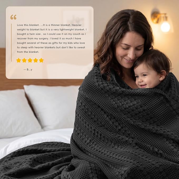 PHF Lightweight 100% Cotton Waffle Blanket for Bed, King, Black | Pre-Washed Soft Cotton Comfort, Breathable Layering Warmth for Fall & Winter, Bed, Sofa, Couch, Home Decor & Gifts