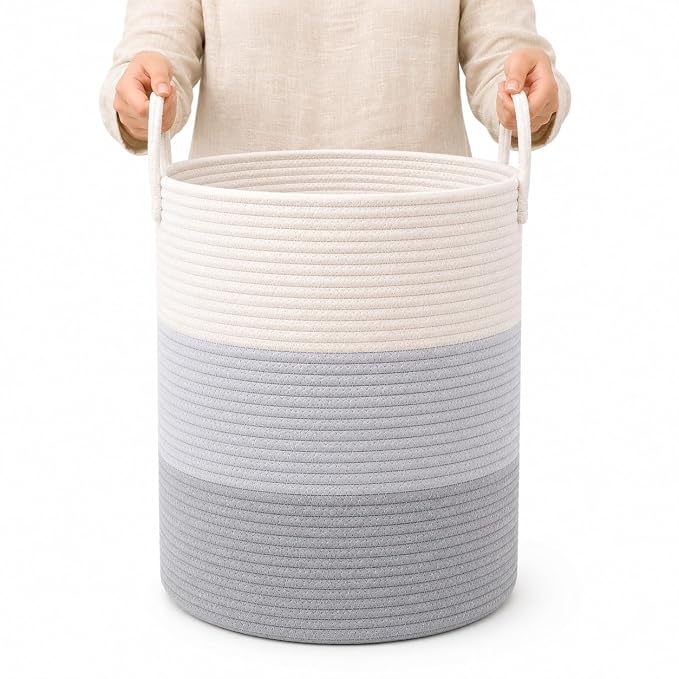 OrganiHaus Tall Cotton Rope Laundry Basket & Hamper, Blanket Storage 52L | 3-Toned Gray - Tall Cotton Rope Hamper, 52L