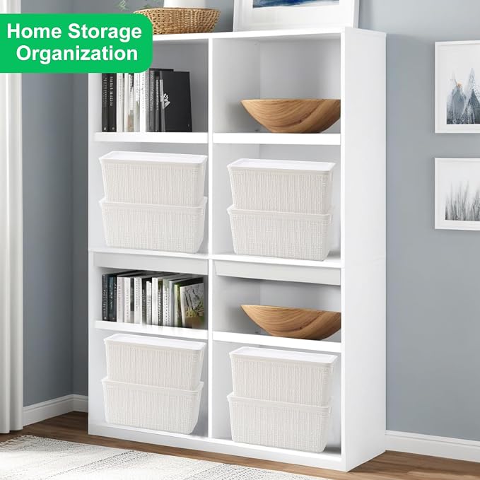 6 Pack Plastic Storage Baskets with Lid,White Stackable Bins | Durable Woven Plastic With handle Breathable,Save space,For Organizing Desktops, Closets, Playrooms, Classrooms, Offices