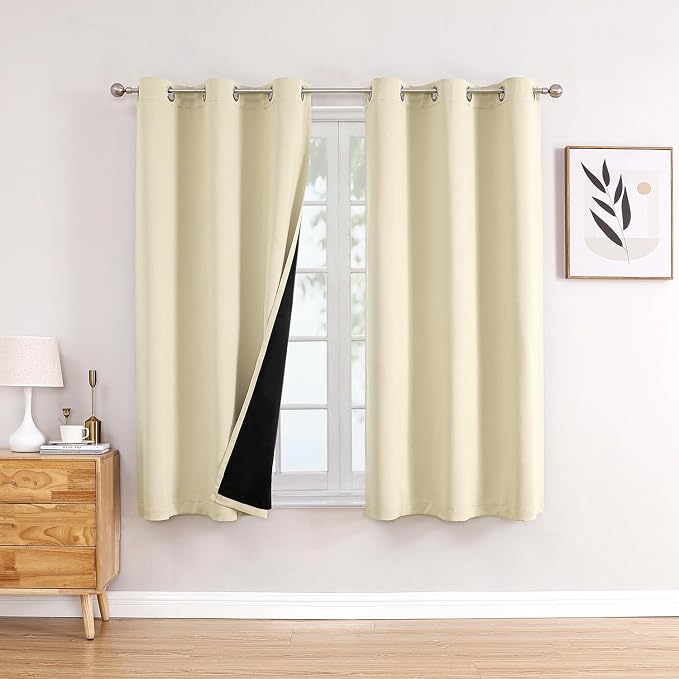 ChrisDowa 100% Blackout Curtains for Bedroom 63 Inches Long 2 Panels Set | 2 Thick Layers, Thermal Insulated, Light Blocking, Grommet, Window Treatment, Living Room Drapes, Light Beige, 38 x 63 Inch