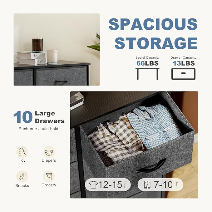 DUMOS 10 Drawer Dresser for Bedroom, Storage Organizer Chest of Drawers | Wide Fabric Closet Organizer Tower Furniture with Wooden Top Metal Frame, Dorm, Grey