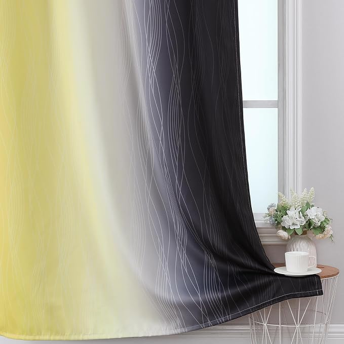 Black and Yellow Ombre Blackout Curtains 84 Inches Long | Room Darkening Curtains for Living Room,Energy Saving,Thermal Insulated,Gradient Grommet Drapes for Bedroom,42Wx84L,2 Panels
