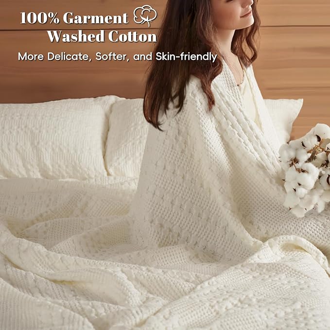 PHF Lightweight 100% Cotton Waffle Blanket, Oversized King, Ivory | Pre-Washed Soft Cotton Comfor, Extra Large 10'x10' Blanket, Giant Big Luxury Aesthetic Woven Bedding for Home Decor