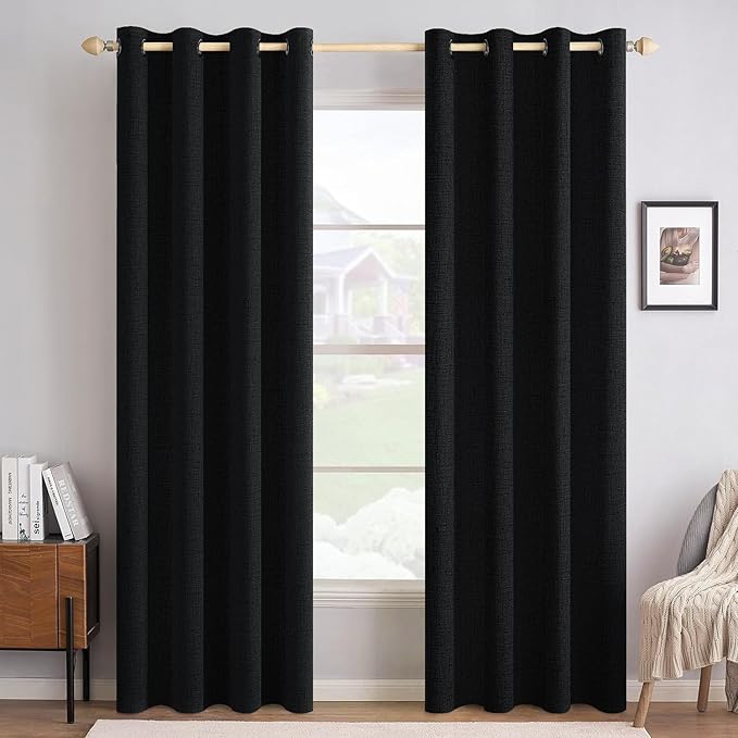 MIULEE 100% Blackout Linen Curtains for Bedroom 52x72 Inches Black | Room Darkening, Light Blocking, Thermal Insulated, Grommet Top, Linen Textured, Window Curtains for Living Room, 2 Panels