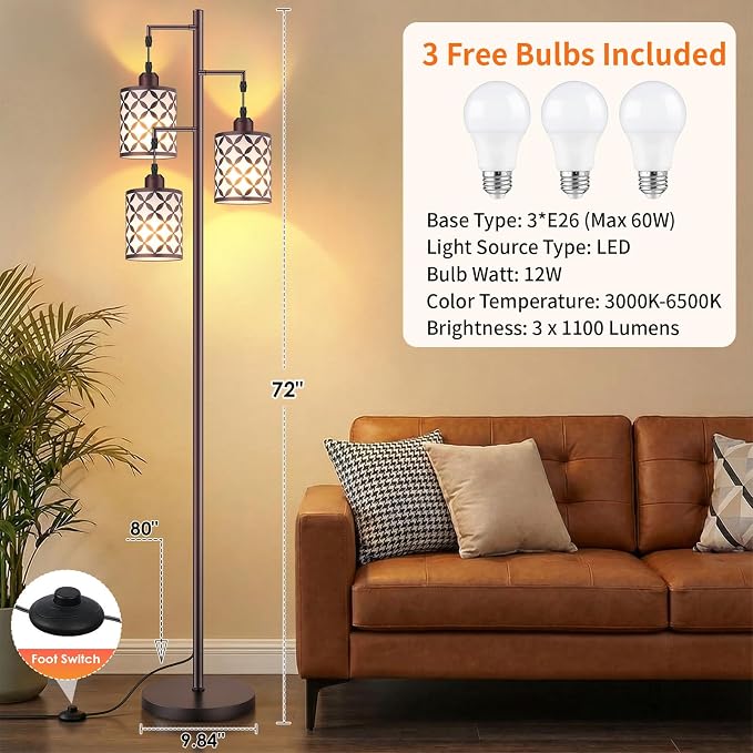 72" Dimmable Floor Lamp with Remote & Timer, Industrial Farmhouse Rustic Standing Lamp for Living Room Bedroom, 3 Individually Controlled Heads, 2 Height Options, 3 x LED Bulbs Included