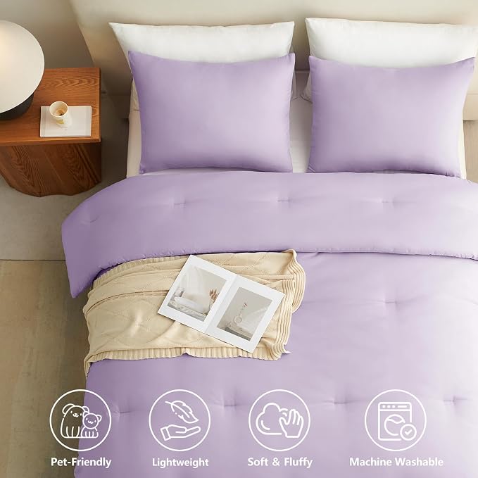 Twin Comforter Set, 2 Pieces Down Alternative Bedding, Lavender | 270 GSM Twin XL College Dorm Comforter with 4 Corner Ties Use as a Duvet Insert, OEKO-TEX Certified, 1 Pillowcase, 68 x 88 in