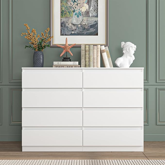 Vibe & Dine 8 Drawer Double Dresser, Modern Chest of Drawers with Wide Storage for Closet, Bedroom, Living Room, White