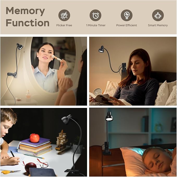 LiFMIRA Clip-on Reading Light - 3 Color Modes, 10 Dimmable Brightness,Black | Eye Care Clamp Desk Lamp with Flexible Gooseneck for Reading in Bed, Desk, Headboard, Computer