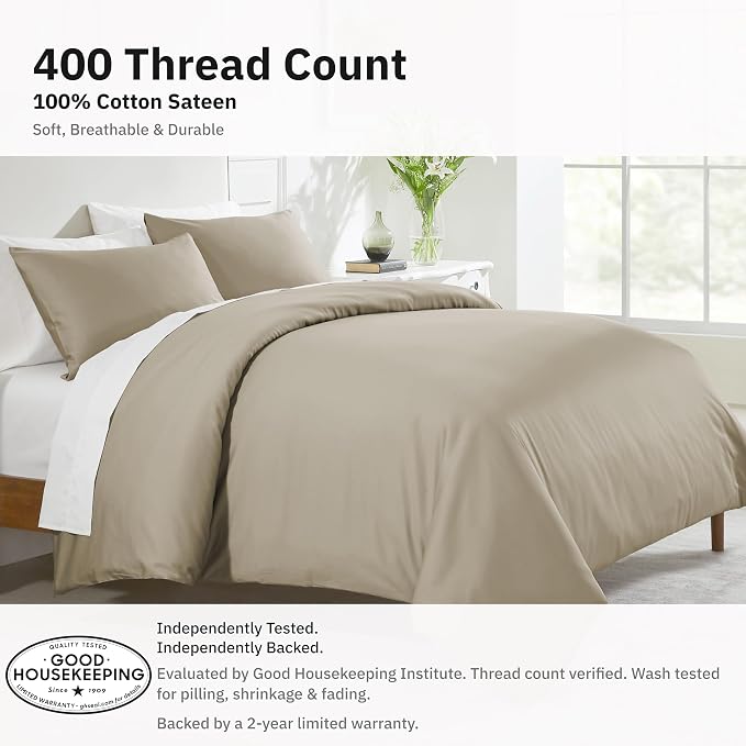 California Design Den Soft 100% Cotton Sateen Duvet Cover King Set, Taupe | 3-Piece Set with 2 Pillow Shams, Backed by Good Housekeeping Seal, Button Closure & Corner Ties, 400 TC 100% Cotton Sateen
