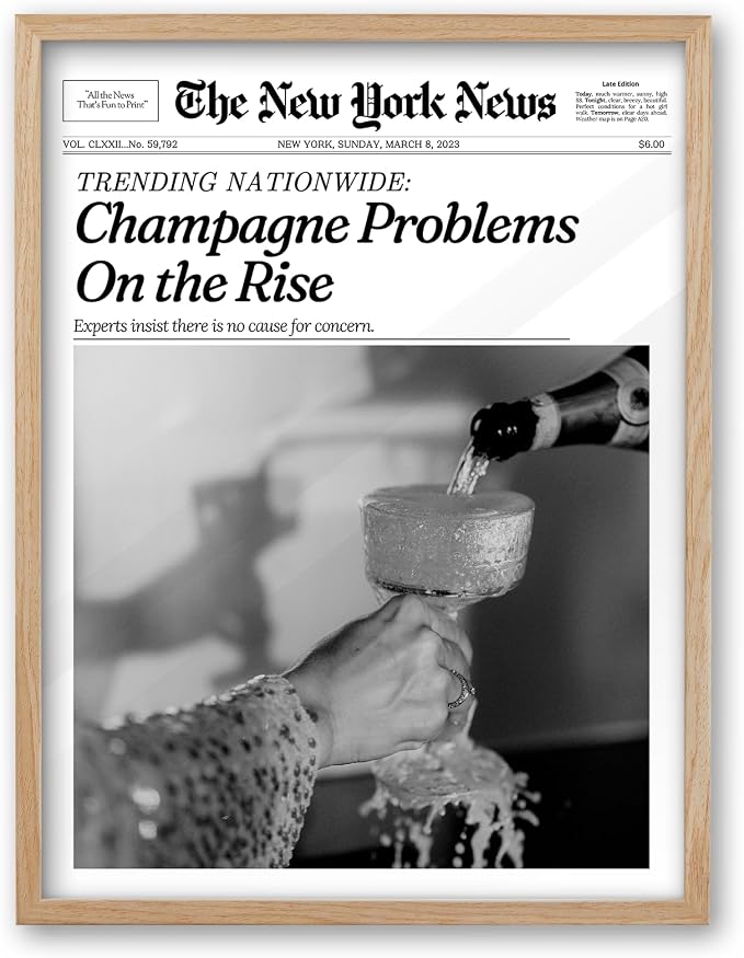 iHery 12x16in Champagne Problems on the Rise Framed Newspaper Art | Natural OAK Wood Frame with Canvas Print, Vintage Champagne Decor for Bar Cart, Kitchen, Living Room and Bathroom, 1Pack