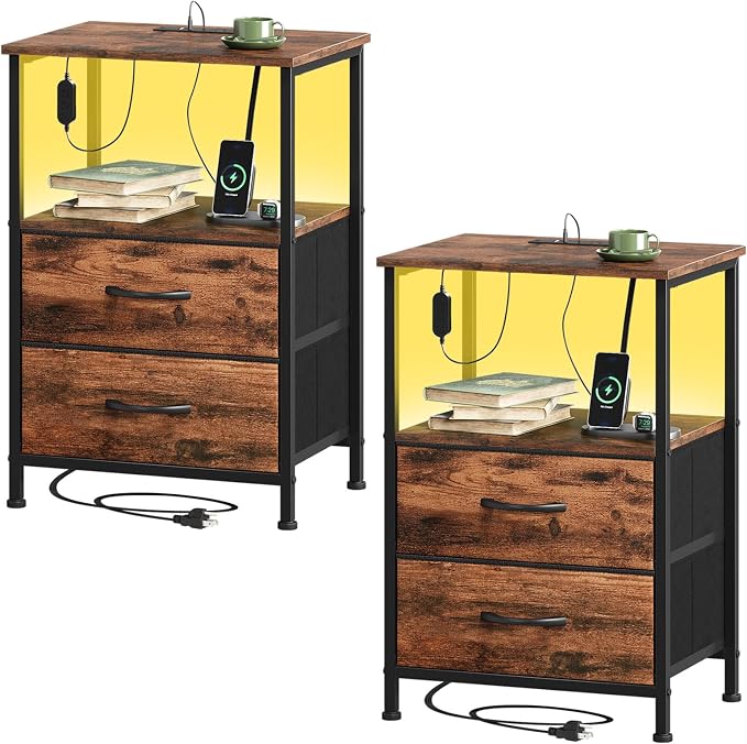Somdot Nightstands Set of 2 with 2 Drawers, Charging Station & LED Light | Open-Shelf End Tables for Bedside, Dorm, Guest Room, Kids Room, Bedroom, Entryway and Hallway, Brown