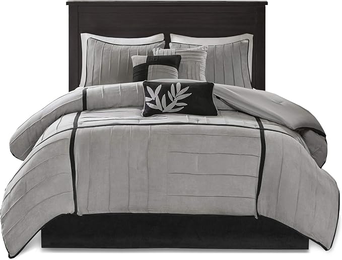 Madison Park Casual Blocks Suede Comforter Set, 7PC Cal King Bedding Set | All Season, with Comforter, Bed Skirt, Decorative Pillows, Shams, Black Grey, Grey