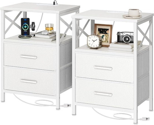 Huuger Nightstand Set of 2 with Charging Station, USB-C Port, End Tables | Night Stand with 2 Drawer Side Table with Open Shelf, Bedside Table for Small Spaces, X Shaped Side Rail, White