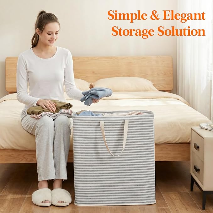 Lifewit 105L Large Collapsible Laundry Basket with Extended Handles, Grey | Foldable Laundry Hamper, Tall Dirty Clothes Basket, Waterproof, Freestanding Design for Bedroom, Bathroom, College Dorm