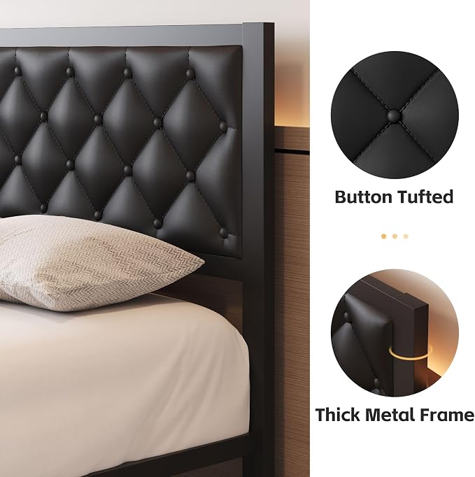 Fluest Full Bed Frame with Headboard PU Leather Upholstered Bed Frame Platform,All Metal Slats Support Platform Bed Frame with Storage Space,Easy Assembly,Noise Free,No Box Spring Needed,Black