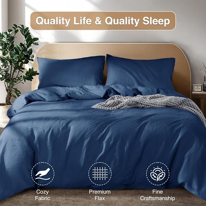 SONORO KATE 100% French Linen Queen Duvet Cover Set,Zipper Closure,3PC | Natural French Flax,Soft Breathable for Hot Sleepers,Moisture Wicking & Durable,4 Corner Ties,Navy Blue
