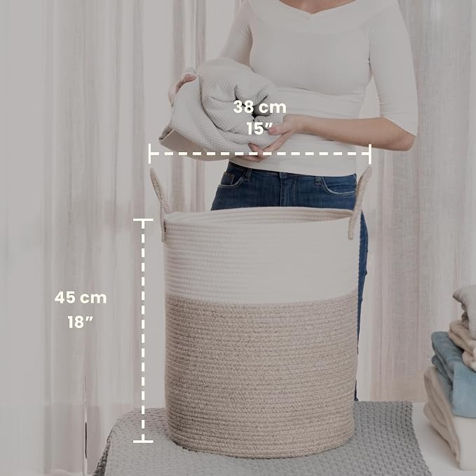 OrganiHaus Tall Cotton Rope Laundry Basket & Hamper, Blanket Storage 52L | Brown / Off-White - Tall Cotton Rope Hamper, 52L
