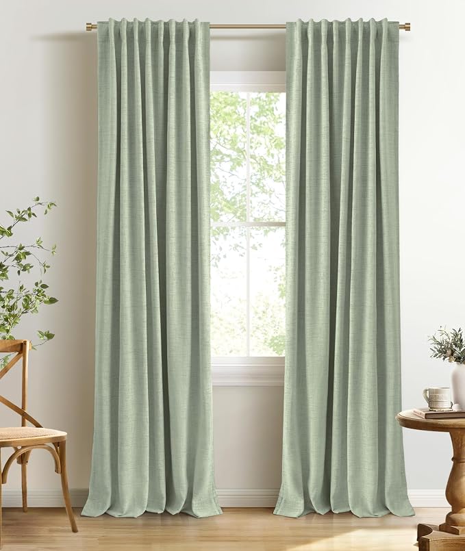 INOVADAY 100% Blackout Linen Curtains for Bedroom 50x63 Inches Sage Green | Linen Textured, Light Blocking, Room Darkening, Thermal Insulated, Back Tab Top, Window Curtains for Living Room, 2 Panels