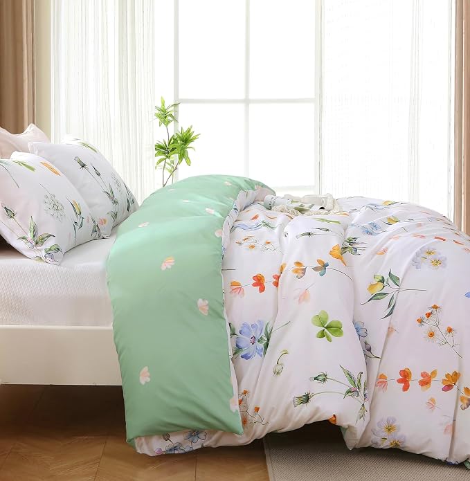 MUXHOMO Duvet Cover King Size, Reversible Floral Multicolor Duvet Cover Set with Zipper Closure, 3 Pieces Botanical Patterns Soft Microfiber Bedding Set with 4 Ties (90"x104", 2 Pillow Cases)