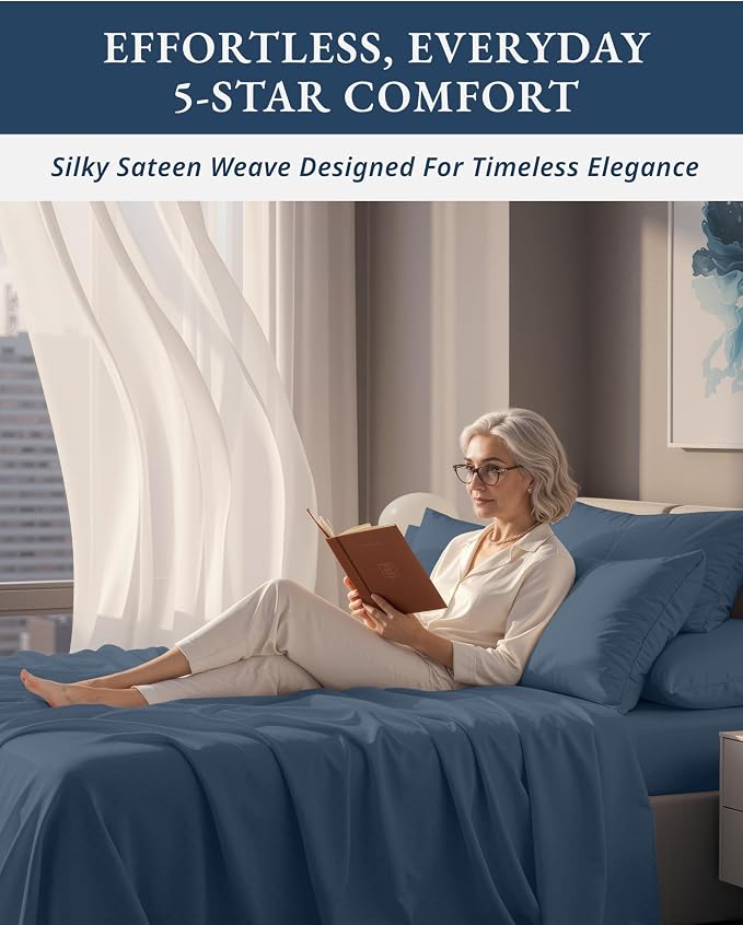 LANE LINEN Cooling Queen Sheet Set Egyptian Cotton Sateen - Estate Blue | Queen Mattress Sheets - 4-Piece Set, For A Luxurious Night's Sleep, For A Silky Hotel-Style Bed, OEKO-TEX Certified