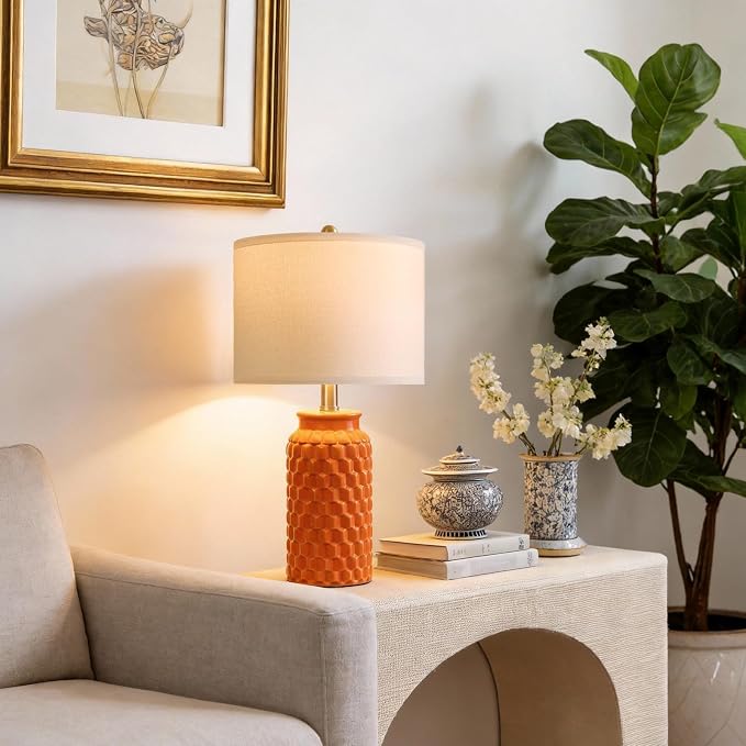 USumkky 20.5" Ceramic Table Lamps Set of 2, Modern Farmhouse Boho Bedside Lamps for Bedroom, Nightstand Lamps for Living Room End Tables, Small Desk Lamps, Orange