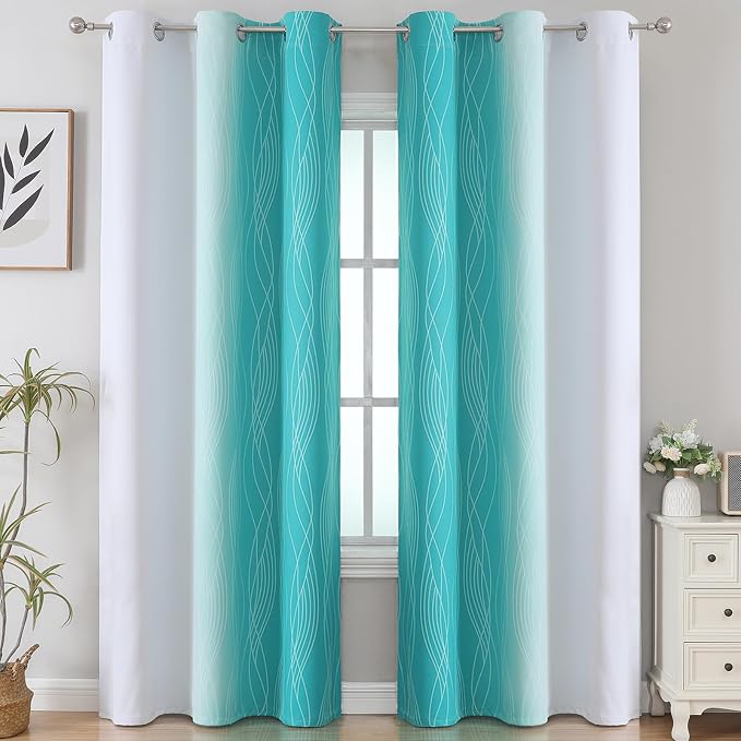 Teal and Grayish White Ombre Blackout Curtains for Living Room 84 Inch Long | Estelar Textiler Room Darkening Curtains for Bedroom,Thermal Insulated,Light Blocking Grommet Window Drapes,42Wx84L,2 Panels