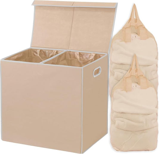 Simple Houseware Double Laundry Hamper with Lid & Removable Bags, Beige | with Handles for Bedroom, Laundry Room, Bathroom