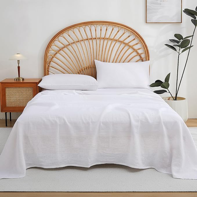 100% Linen Sheets Set Queen Size, Natural Pure Flax 4 Piece Bed Sets, 16" Deep Pocket, Breathable Cooling Bed Soft Durable Bedding, Machine Washable (White,Queen)