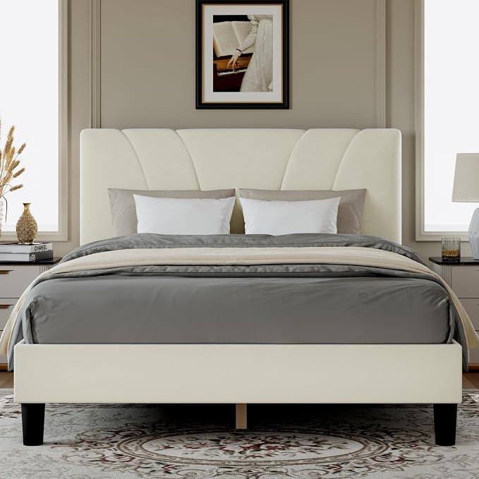 Novilla Full Size Bed Frame with Headboard, Full Bed Frame with Wooden Slats Support, Velvet Upholstered Headboard, No Box Spring Needed, Heavy Duty Feet, Easy Assembly, White Velvet