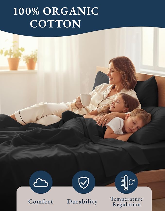 LANE LINEN Twin XL Sheets 100% Organic Cotton Soft 3pc Percale - Black | Organic Cotton Percale Twin XL Sheet Set - Naturally Cooling & Lightweight, Cool All Summer, Cozy All Winter