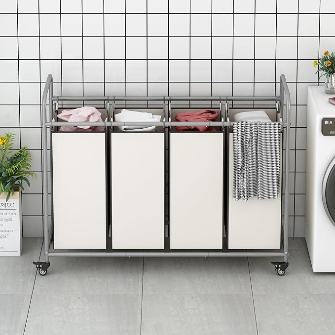 LINZINAR 4 Section Laundry Hamper, Beige Laundry Basket 180L Laundry Sorter | Laundry Room Organization with Heavy Duty Rolling Lockable Wheels and Removable Bag, Bedroom Laundry Cart for Clothes Storage