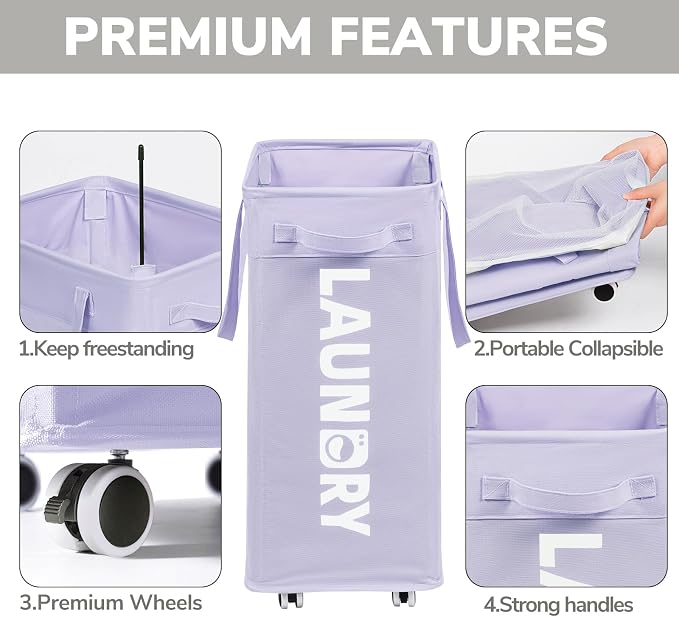 Goodpcik 75L Rolling Laundry Hamper with Wheels, Laundry Hamper for Dorm | Laundry Basket with Handles for Dirty Clothes, Hamper for Laundry Room, Dorm Room Essentials, Light Purple