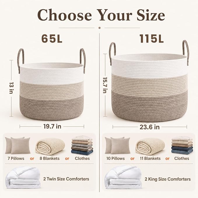JMvicyroam 65L Extra Large Machine Washable Cotton Rope Blanket Basket | Collapsible laundry hamper, Reinforced handles, For blankets,pillows,toys and clothes, Living room and bedroom,White&BrownMix
