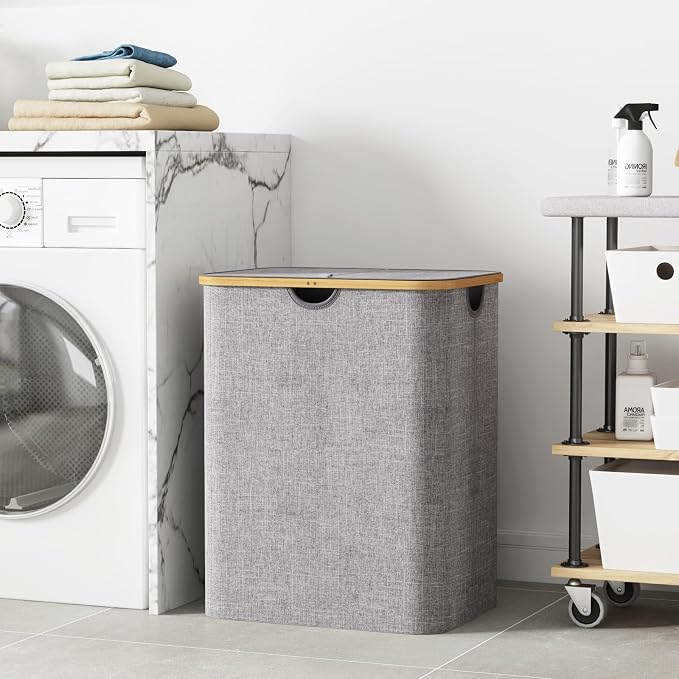 Lifewit 120L Laundry Basket with Lid, Clothes Hampers for Laundry with Bamboo Handles and 2 Removable Bag, Large Foldable Laundry Hamper for Bedroom, Bathroom, Dorm, Laundry Room, Light Gray
