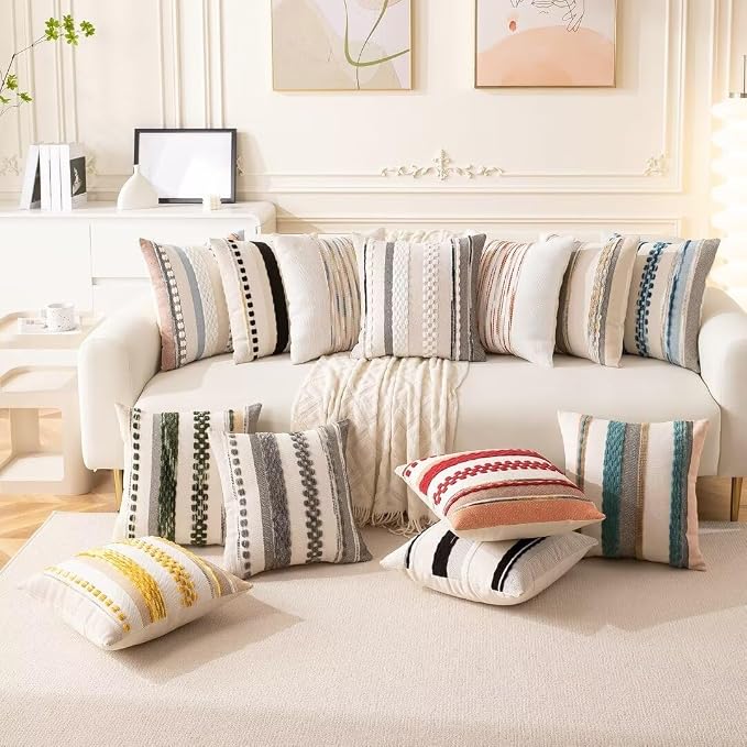 Boho Throw Pillow Covers Decorative Neutral Farmhouse Pillow case | 18x18 Set of 2 Cushion Case Striped Square Pillows Cover Couch Pillow Cases Accent Pillowcase for Sofa Bed,White Wine-red