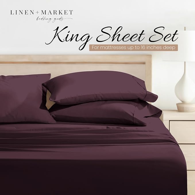 Linen Market Brushed Microfiber King Sheet Set 4 Piece – Oeko-TEX Certified Ultra Soft & Wrinkle-Free - 16" Deep Pocket Sheets - Easy Care King Size - Purple