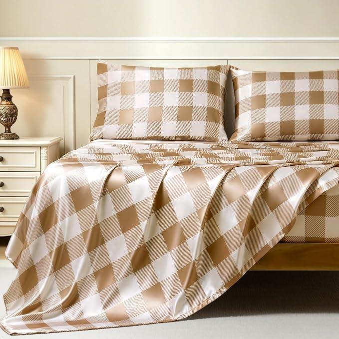 MR&HM Satin Sheets Queen Size with Elastic Corner Straps, Latte Check | Similar to Silk, 4-Piece Silky Soft Bed Sheet Set, Gentle on Skin and Hair, 15" Deep Pocket, Cooling & Breathable