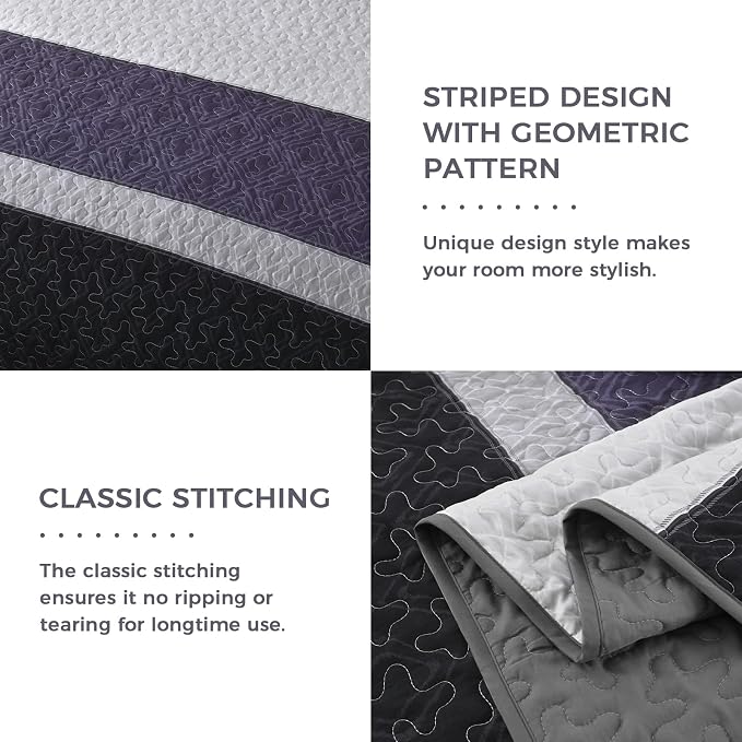 Cottolester Quilts Queen Size,Black Purple Striped Bedspread Coverlet Set | Modern Boho Style,Striped Plaid Design,Ultra Soft Lightweight Microfiber Quilted Bedding Sets for All Seasons 96"x90"
