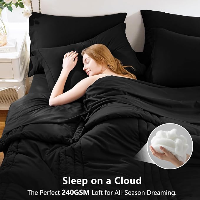 Twin XL Comforter Set Black - 5 Pieces Complete Bedding Set | College Dorm Essentials, OEKO-TEX Certified, 240GSM Down-Alternative Comforter, 14" Deep-Pocket Sheets, Sham & Pillowcase