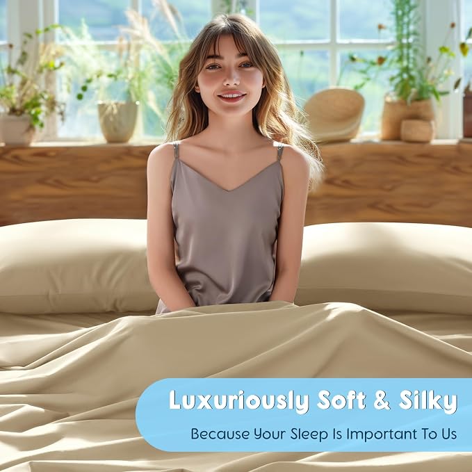 SONORO KATE 1000 Series 100% Egyptian Cotton King Sheet Set,4 Pieces | Soft,Breathable Long Staple,Sateen Weave,Luxury 5-Star Hotel Bed Sheets,16" Deep Pocket,Beige