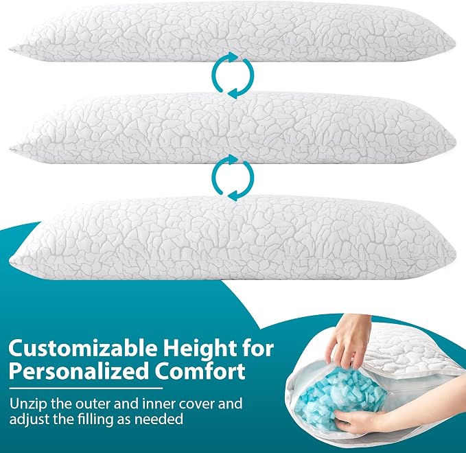 Cooling Body Pillow for Side Sleeper, Long Pillow for Bed, 20x54 in | Shredded Memory Foam, Adjustable Loft, Removable Washable Cover, Side Sleepers & Back Pain Relief